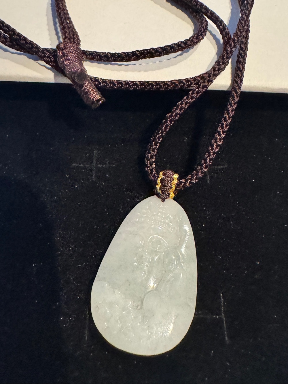 Jade Hand-Carved Pale Green Jade Pendant Necklace with Brown Cord